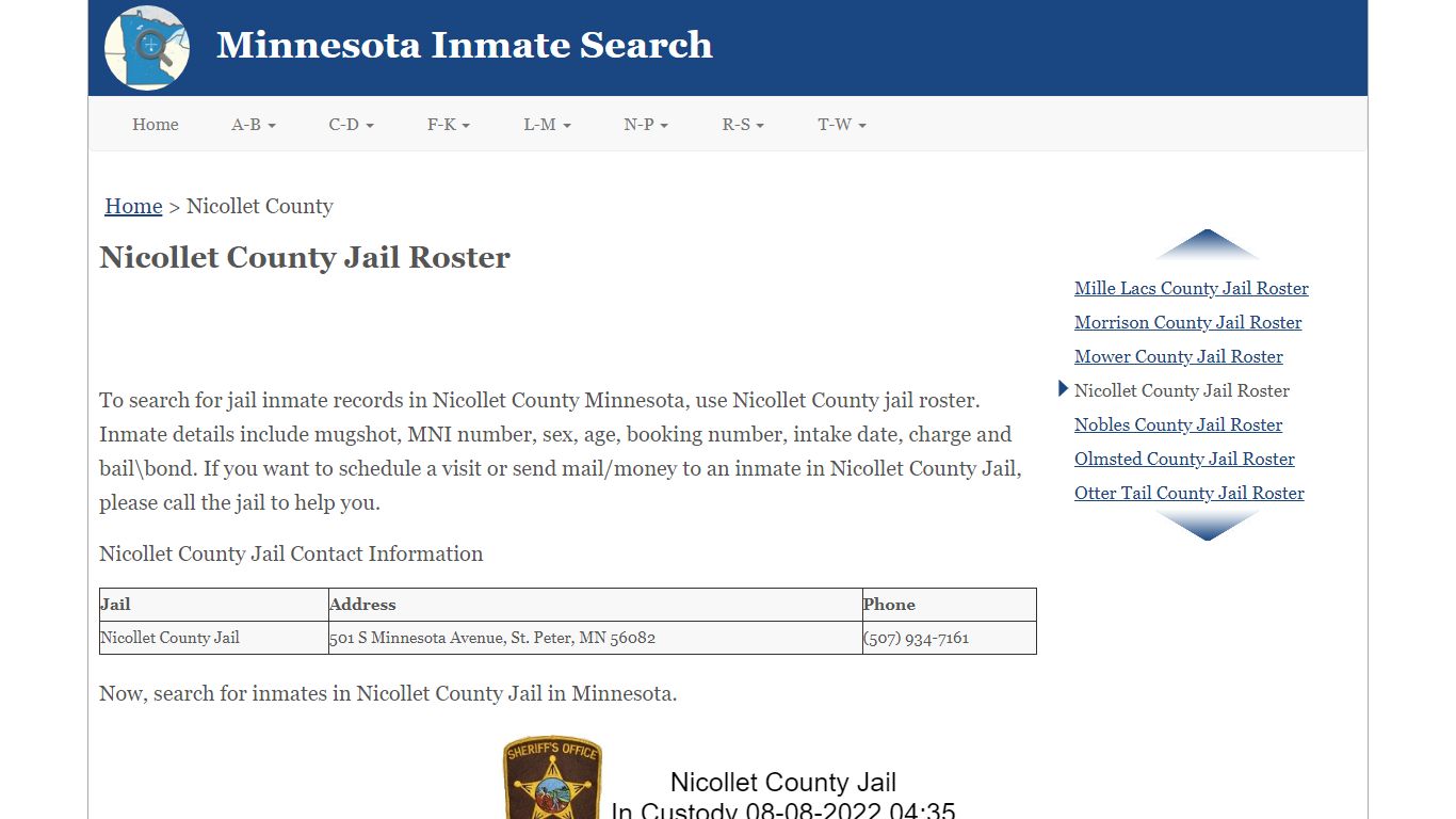 Nicollet County Jail Roster - Minnesota Inmate Search